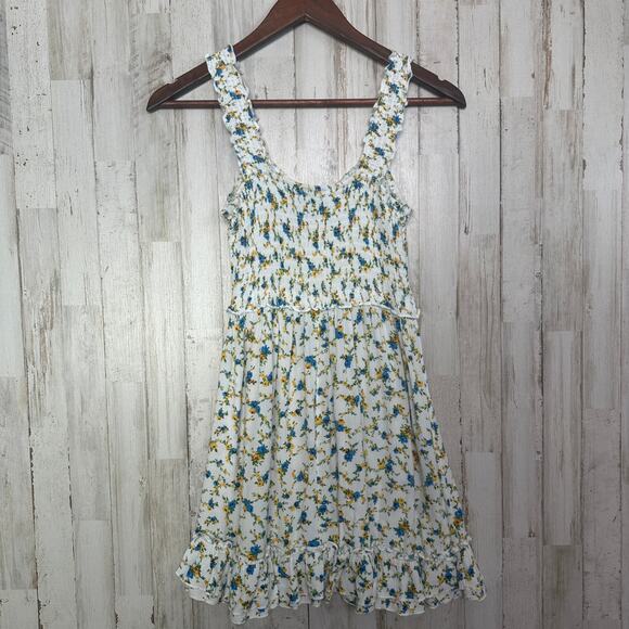 Rue 21 Floral Sundress XS Blue Yellow Ruffle Smocked Cottagecore Boho Y2K - Picture 2 of 9